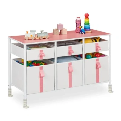 Bild av Relaxdays Byrå, barn, 6 tyglådor, H x B D: 61,5 100 40,5 cm, lådskåp, metallram, vit/rosa