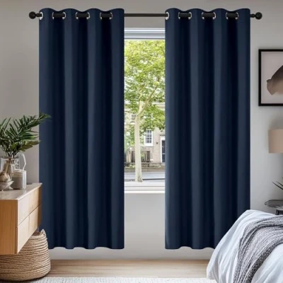 Bild av Deconovo Mörkläggningsgardiner med öljetter, ogenomskinlig ögongardin, ogenomskinlig, 180x140cm (höjd x bredd), mörkblå, uppsättning 2