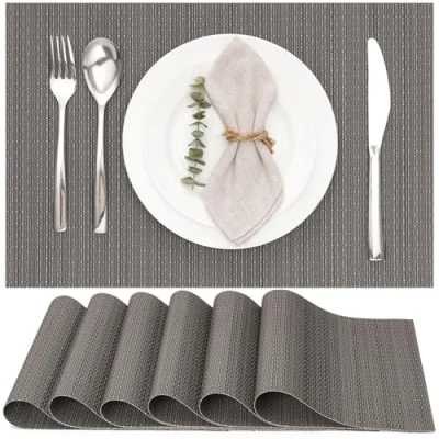 Bild av Myir JUN Bordstabletter uppsättning med 6, bordsunderlägg tvättbara halkfria värmeisolerande vävd vinyl för kök matsal restaurang 45 x 30 cm (mörkgrå)