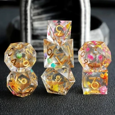 Bild av Elifel D&amp;D tärningsset kvicksandharts skarp kant tärning 7 st handgjorda DND tärningar för polyhedrala fängelsehålor och drakar MTG RPG Ttrpg banfinnare rollspel D D20 D12 D10 D8 D6 D4