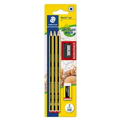 Bild av STAEDTLER Bleistifte Noris, HB, sechskant, Set mit 3 unglaublich bruchfesten Bleistiften, 1 Spitzer, Radiergummi, hohe Qualität Made in Germany, 120 SBK3P1