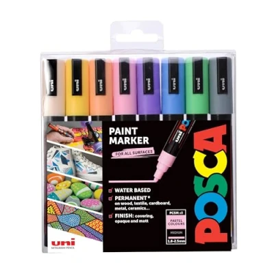 Bild av POSCA PC 5M permanent markörfärgpennor. Medium kulspets för konst och hantverk. Användning med flera ytor på trä metall papper kanvas kartong glastyg keramik sten gren porslin. Set 8 pastellfärger