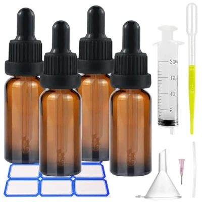 Bild av Impoditiongs 4 st. bruna droppflaskor i glas 50 ml, påfyllningsbara flaskor, med 1 tratt och dropppipett, för laboratorium, eterisk olja, aromaterapi