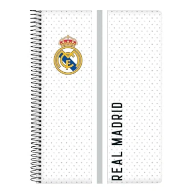 Bild av Safta REAL MADRID 1:a UTRUSTNING 24/25 Anteckningsbok, 80 ark, hårda lock, 1design, perfekt för barn i olika åldrar, bekväm och mångsidig, 15,5 x 22 cm, vit/grå färg