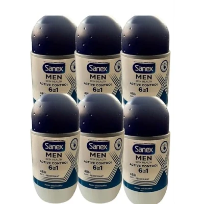 Bild av Sanex Herr aktiv kontroll Roll On deodorant, 6 pack x 50 ml, 48H skydd, antiperspirant, anti irritation, 0% alkohol, bekämpar dålig lukt, lång livslängd