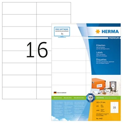 Bild av HERMA 4462 universella etiketter A4 (105 x 37 mm, 100 ark, papper, matt) självhäftande, utskrivbara, permanenta adressetiketter, 1 600 klistermärken, vit