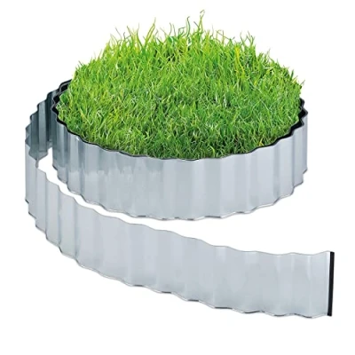 Bild av Relaxdays Gräskant, 15 m, rabattbegränsning av metall, förzinkad, flexibel, inramning för rabatter eller gräsmatta, 16 cm hög, silver