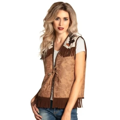 Bild av Boland 54348 Väst vilda västern, storlek L/XL för vuxna, brun, beige, vit, läderutseende med fransar och kofläckar, cowboy eller rodeorstege, kostym, utklädnad, karneval, flerfärgad, L XL