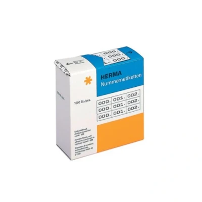 Bild av HERMA 4800 nummeretiketter siffror 0 999, tredubbla (22 x 10 mm, papper, matt) självhäftande, permanenta häftand, löpande nummer klistermärken i en kartongdispenser, 3 000 etiketter, vit