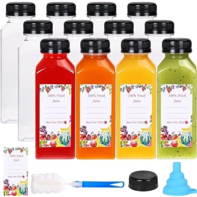 Bild av KAHEIGN 12 st juiceflaskor i plast med manipuleringskåpor, 360 ml tomma klara juice dryckesbehållare återanvändbara vattenflaskor lock, etikett, tratt och borste för smoothie mjölk hemlagade