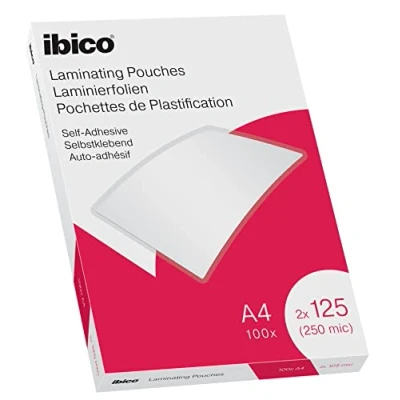 Bild av Ibico Självhäftande Lamineringsfickor, A4, Glansiga, 250 Mikron, 100 Pack, 627325