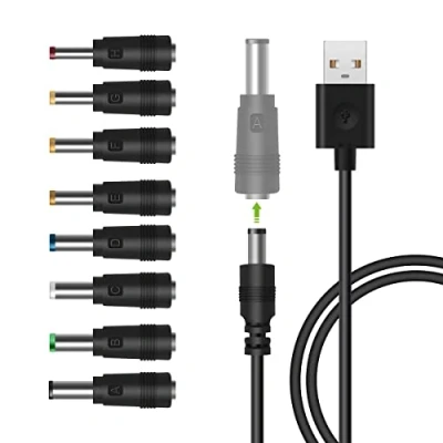 Bild av USB till DC kontaktkabel, LANMU 8 i 1 A ihålig kontakt laddningskabel strömkabel adapterkabel med kontakter för router, rakningsenheter, TV box, Philips Hue Hub (1 m, svart)