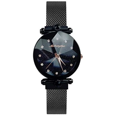 Bild av RORIOS Damklockor vattentäta analoga kvartsur stjärnhimmel urtavla med rostfritt stål nätrem mode klänning damarmbandsur, Svart C, armband