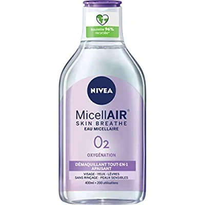 Bild av NIVEA Lugnande micellärt vatten för känslig hud (1 x 400 ml), sminkborttagare berikad med miceller och animerade syror utan parfym, ansikts läpprengöring