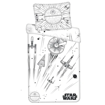 Bild av Jerry Fabrics Star Wars dödsstjärna, rymdskepp, rymden, lyser i mörkret, svart och vitt, täcke 140 x 200 cm, kudde 70 90 cm med dragkedja, för barnfans vuxna