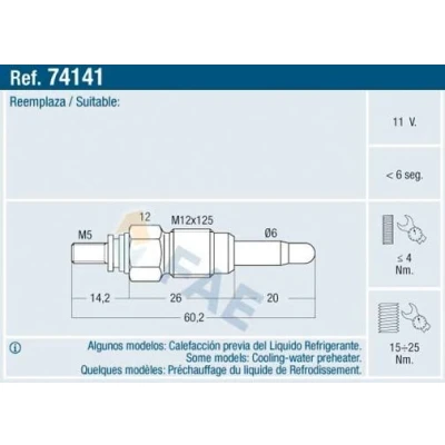 Bild av FAE 74141 Bougie de préchauffage 11V M12x125 VOLKSWAGEN: GOLF 3, TRANSPORTER 4 Bus, New Beetle 3/5 portes, AUDI: A4 B6 Avant, Berline