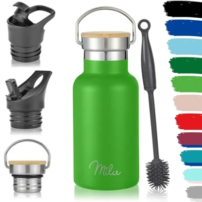 Bild av Milu Dricksflaska i rostfritt stål, 350 ml, 500 750 1 000 ml (+3 lock) termosflaska med sugrör, isolerad vattenflaska för barn, vuxna, resor, läckagesäker (äppelgrön, ml)