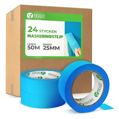 Bild av V1 TRADE Crepe tejp 50 mm x 25 m 24 stycken universal målarduk användbart för målning lätt avtagbar målartejp vattentät blå