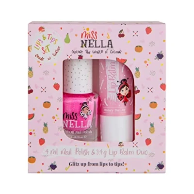 Bild av Miss Nella Nagelpolis + läpp balm set speciellt rosa glitter nagellack för barn vattenmelon poppile, med skal , vattenbaserad och otrofri formel honey kanin, allergivänlig läppbalm