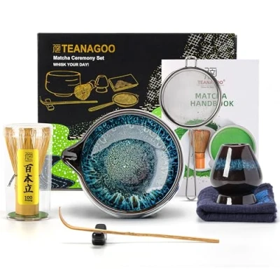 Bild av TEANAGOO matcha vispset, 7 st set, kit för ceremoni, teset att göra frukost/matcha latte, keramisk matchningsskål med pip och visp, present till älskare