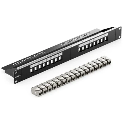 Bild av deleyCON 16 Portar Patchpanel Set Modulärt 1 U 19&quot; Tum Rackinstallation + 16x RJ45 Keystone Moduler CAT6a Kompatibel med CAT5 CAT6 CAT7 LAN Nätverkskabel Installationskabel Svart