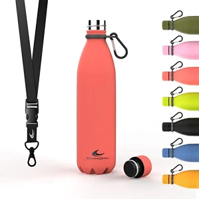 Bild av Daikoku Stainless Steel Bottle + Justerbart band karbinhake, BPA Free Double Walled Thermos, återanvändbar vattenflaska, lufttät lock, färg Coral, kapacitet 750 ML
