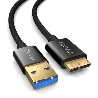 Bild av PAXO 3 m nylon USB mikro 3.2 Gen2 hårddiskkabel, 10 Gbit/s, HDD kabel, datakabel, laddningskabel, svart, A kontakt till micro B