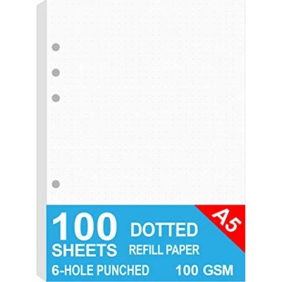 Bild av A5 prickigt påfyllningspapper för Filofax planerare/pärmar, 100 ark/200 sidor, gsm vitt papper, 6 hål lösa bladpapper, 14,8 x 21 cm