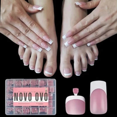 Bild av NOVO OVO fransk spets hand och tånagelspetsar tryck på kit, BERRY ROSA fyrkantig mjuk gel nagelförlängning, fyrkantiga runda tånaglar, förapplicerad spetsprimer basrock, heltäckande matt för