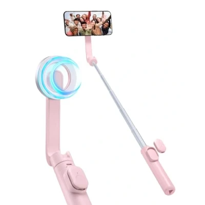 Bild av Spigen Magnet Selfie Stick Stativ Wondersnap [Spigen MagFit Technology] 180 roterbar med trådlös Bluetooth fjärrkontroll Kompatibel Magsafe iPhone 15 14 13 Pro Max, Samsung Galaxy Peach Pink