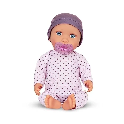 Bild av LullaBaby 35,5 cm realistisk babydocka rättvis hudton och blå ögon mjuk kropp avtagbar outfit hatt napp tillbehör leksaker för barn i åldrarna 2 uppåt lila prickig