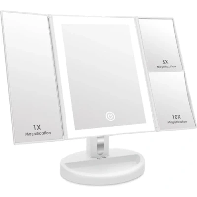 Bild av Auxmir Upplyst Sminkspegel, 1X/5X/10X Förstoring Triptyk Bordsförstoringsspegel, 34 LED lampor med Justerbar Pekskärm, Vridbar 180, Vit