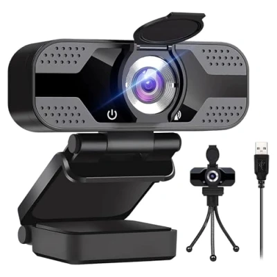 Bild av 1080p PC webbkamera med dubbla mikrofoner brusreducering, autofokus, ljuskorrigering, sekretess och stativ, USB 2.0 UHD för Mac Skype Streaming, (30 FPS)