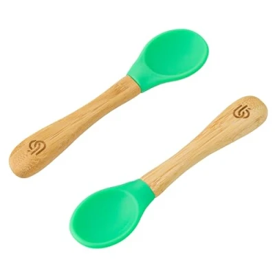 Bild av bamboo ® Baby avvänjningsskedar set med 2 Bambu mjuka silikonspetsar Ergonomiska handtag lätt grepp BPA fri (set 2, grön)