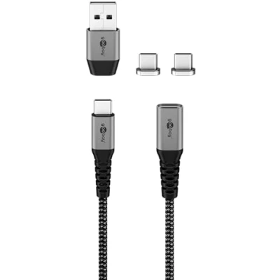 Bild av goobay 65653 magnetisk laddningskabel/1 meter/magnet/2 i 1/USB A och USB C/60 watt textilkabel