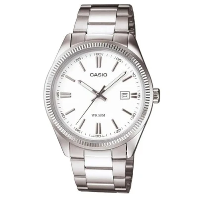 Bild av Casio MTP 1302D 7A1 Classic herrklocka, kvarts, analog, vit urtavla, grå stålarmband, Vit/grå, armband