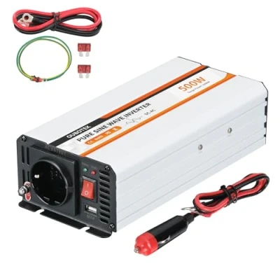 Bild av OUBOTEK växelriktare 500 W/1 000 W, spänningsomvandlare 12 V till 230 ren sinus, bilspänningsomvandlare med USB anslutning och EU uttag, för husbil, bil, solenergi