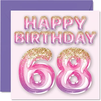 Bild av 68:e födelsedagskort för kvinnor rosa och lila glitterballonger grattis på 68 år gammal kvinna mamma mormor farmor moster, 145 mm x sextio åtta åttonde gratulationskort present