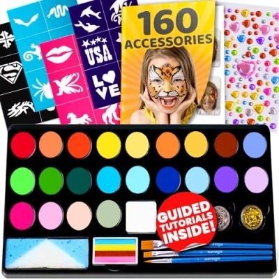 Bild av Blue Squid sminkset för barn idealisk smink, 22 färger, 160 delar, schabloner, ädelstenar, hårkritor, penslar, glitter, svampar, broschyr, professionellt kropps och ansiktsfärger
