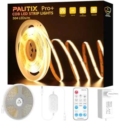 Bild av PAUTIX COB LED remsa varm vit 2 700 K, 504 LEDs/M dimbar 7,5 m 24 V flexibel Strip lights set med RF fjärrkontroll och strömförsörjning, CRI90+ ljus infälld lampa för hem gör det själv dekoration,