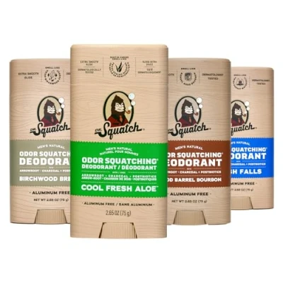 Bild av Dr. Squatch Natural Deodorant for Men Odor Squatching Men&#039;s Aluminum Free Birchwood Breeze, Cool Fresh Aloe, Falls, Wood Barrel Bourbon (4 Pack)
