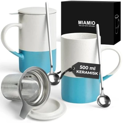 Bild av MIAMIO Tekoppsset 2 x 500 ml med infuser och lock/Keramisk tekopp sked för att brygga löste, presenter tedrickare Mikrovågs diskmaskinssäker (Blå)