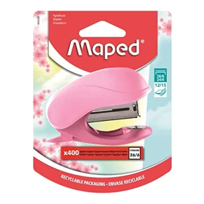 Bild av Maped Mini Vivo pastellrosa häftapparat + 400 häftklamrar 26/6 kropp av återvunnet material med inbyggda kompatibel 24/6 och ansluter upp till 15 ark