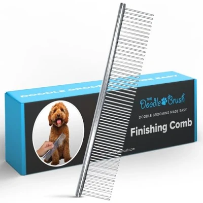 Bild av The Doodle Brush Efterbehandlingskam hundkam i rostfritt stål för guldendoodle, labradoodles och andra pudelkors med medium långt hår, metallvårdskam matt päls, knutar trassel, utredningsverktyg rundade tänder