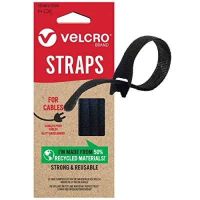 Bild av VELCRO varumärke Eco One Wrap återanvändbara remmar återanvändbara, flexibla och mångsidiga för alla ändamål heminredning Svart 10 mm x 13 cm Set med 6