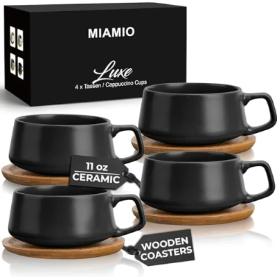 Bild av MIAMIO Set med 4 keramiska tekoppar och tefat i bambu, 320 ml, bred cappuccinokopp, kaffekoppar, keramisk mugg för cappuccino, latte, espresso americano, lyxig samling (svart)