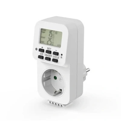 Bild av conecto Digitalt termostatuttag, med intern sensor och timer, för terrarium, växthus, rökare, uppvärmning, temperaturregulator, frost, 3 600 watt, vit