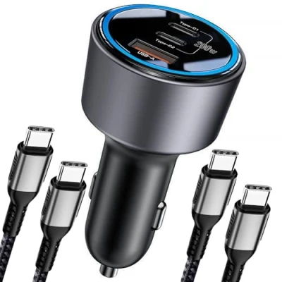 Bild av 200W Car Charger, USB C Charger PD3.0 QC4.0 PPS Fast Charging Adapter with 2 100W Cable 3 Port Type Cigarette Lighter for Dell XPS, MacBook, iPhone 16 15 14, Galaxy S24 Ultra, iPad