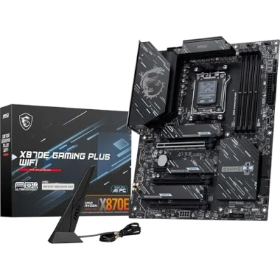 Bild av MSI X870E GAMING PLUS WIFI moderkort, ATX stöder AMD Ryzen 9000/8000/7000 processorer, AM5 60A SPS VRM, DDR5 Memory Boost 8200+ MT/s (OC), PCIe 5.0 x16 &amp; 4.0 x4, M.2 Gen5, Wi Fi 7, 5G LAN