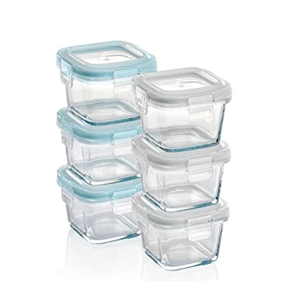 Bild av Grizzly Set med babymatbehållare i glas ugnssäkra minibehållare lock 6 x 160 ml (5,4 oz) fyrkantig luft och vätsketät